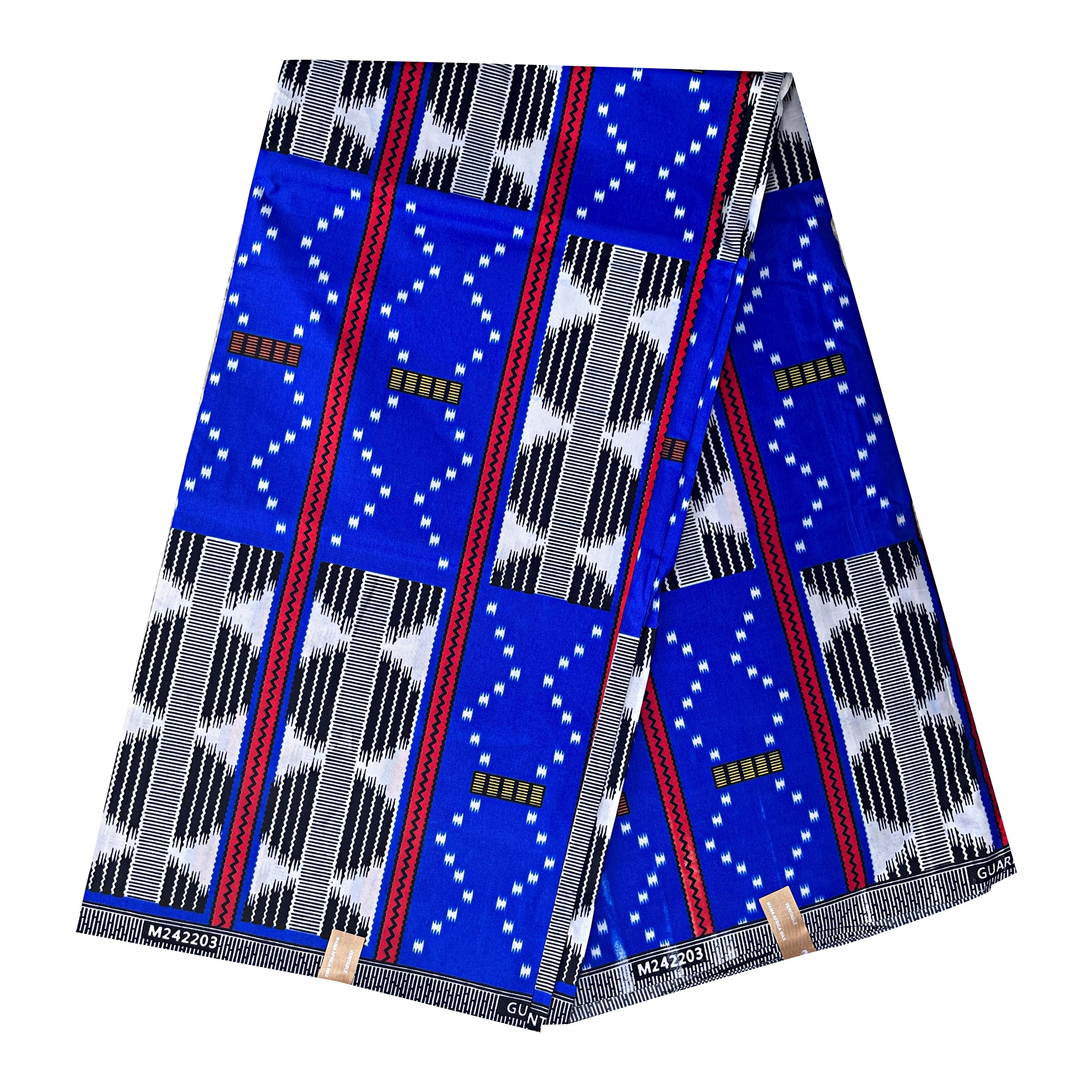 Vibrant Blue African Wax Print Fabric with Yellow and Black Geometric Accents