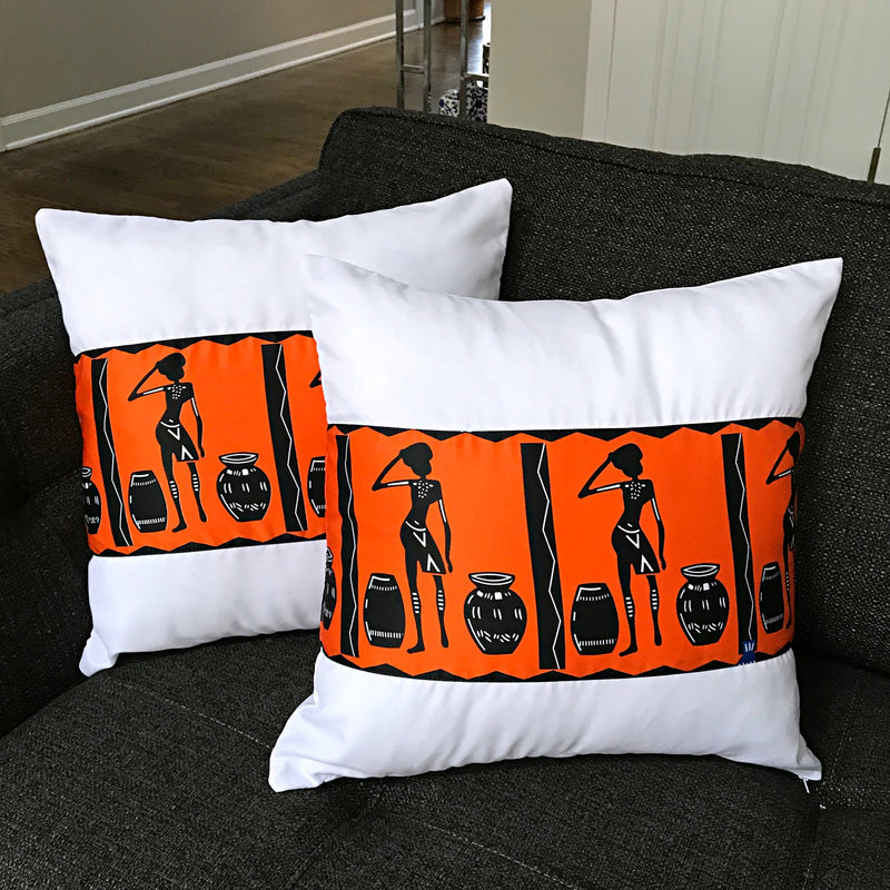 Bolanle African Print Decorative Pillow covers - Orange / Black / White - Afrilege