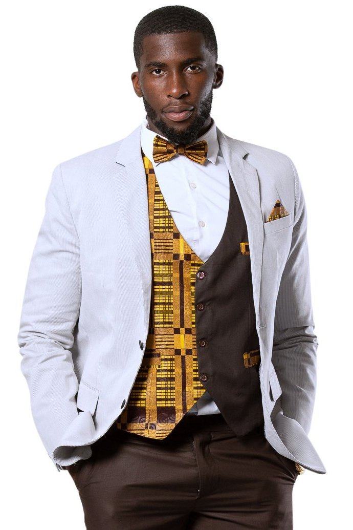 Kadir African Print Bow Tie and Square Pocket Set (Brown kente) - Afrilege