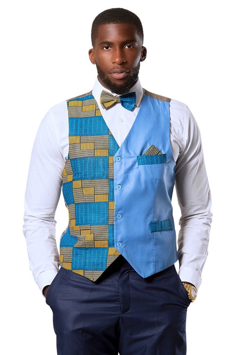 Kael African Print Bow Tie and Square Pocket Set (Blue kente) - Afrilege