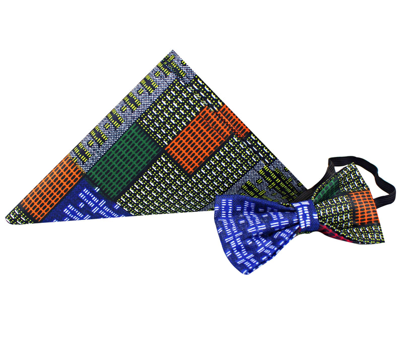 Vadik Kente African Print Bow Tie and Square pocket set (blue green red kente) - Afrilege