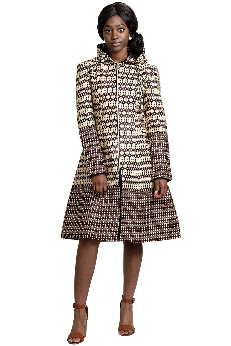 Aveye Women African Print Hooded Coat (Brown / Beige) - Afrilege