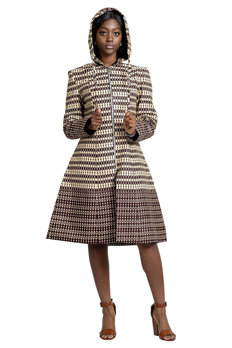 Aveye Women African Print Hooded Coat (Brown / Beige) - Afrilege