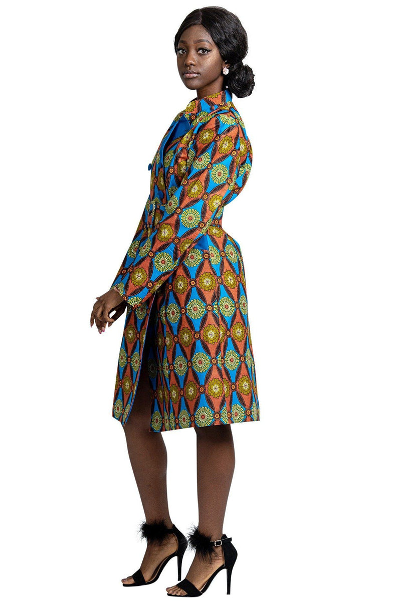 Valda Women African Print Coat ( Blue / Red) - Afrilege