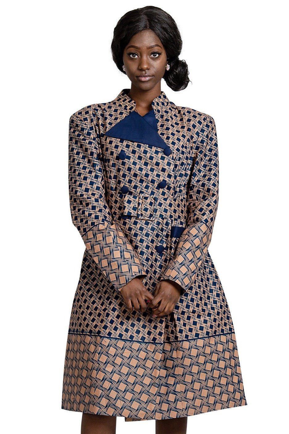 Vanna Women African Print Coat Dress (Navy Blue / Brown), M | Afrilege Vanna Women African Print Coat Dress (Navy Blue / Brown), M | Afrilege