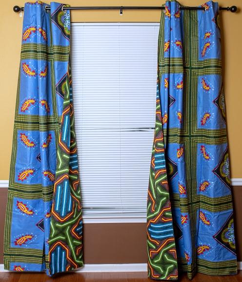 Kamaria African Print Double Sided Reversible Grommet Top Curtains- Blue/ Green - Afrilege