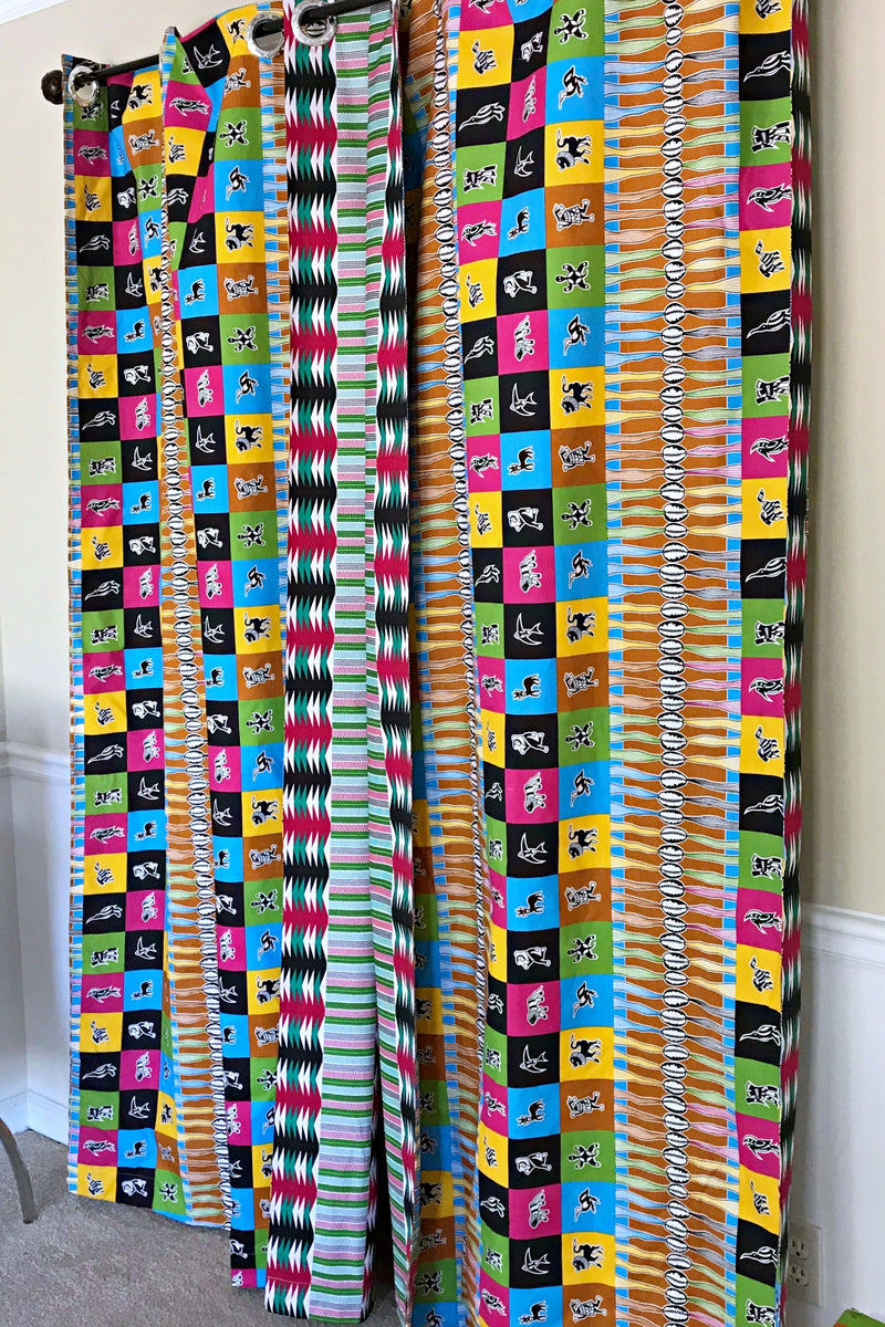 Lulu Double Sided Reversible Grommet Top African Print Curtains - Yellow/ Blue/ Red - Afrilege