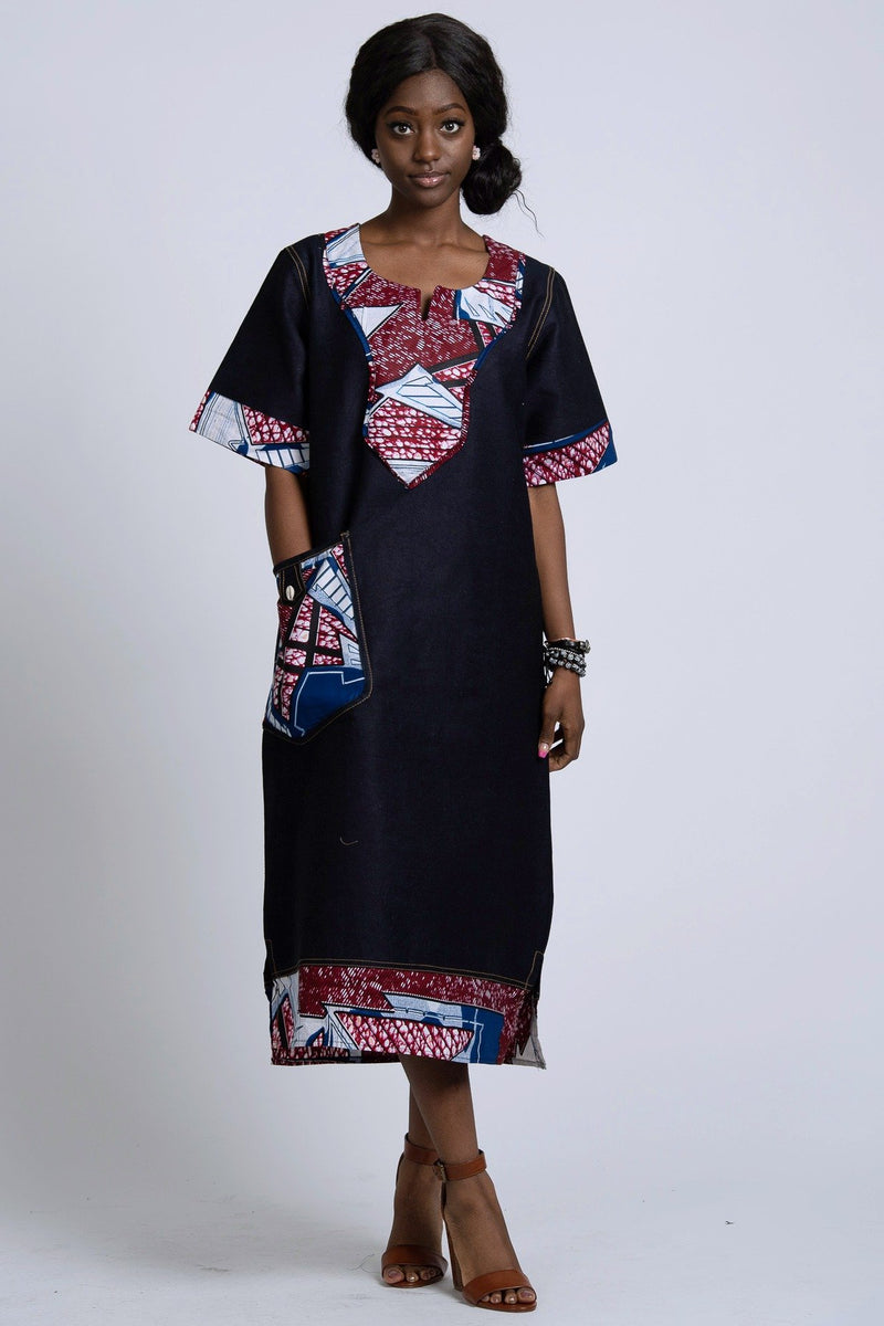 Akaba Denim African Print Dress - Afrilege