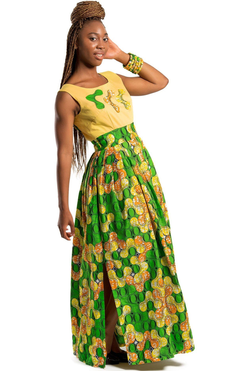 Nakato African Print Maxi Dress (Yellow / Green) - Afrilege