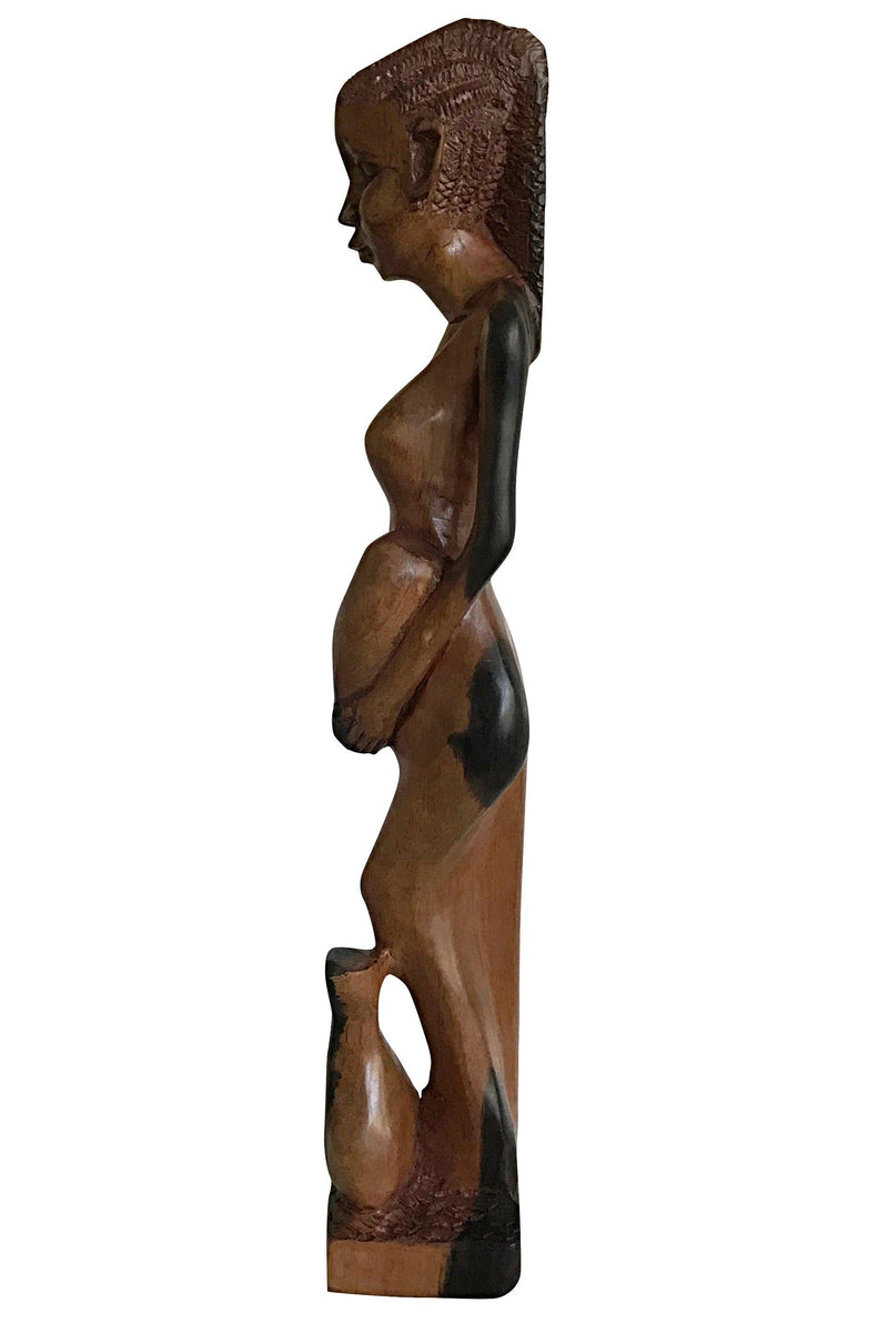 Ebony Hand Carving African Figurines statues / Woman with cornrows holding an empty jar and another jar at her feet - Afrilege