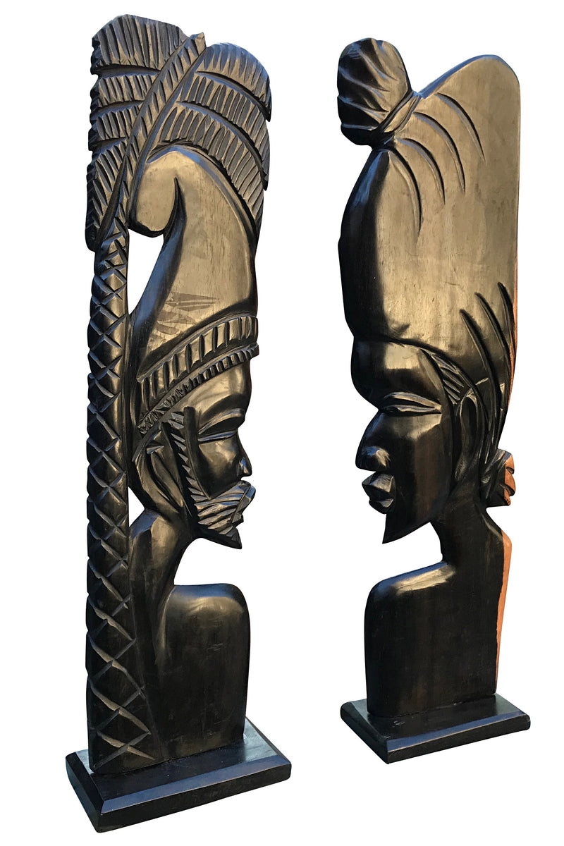 African Couple Head Ebony Wood Carved statue ( set of 2) - Afrilege