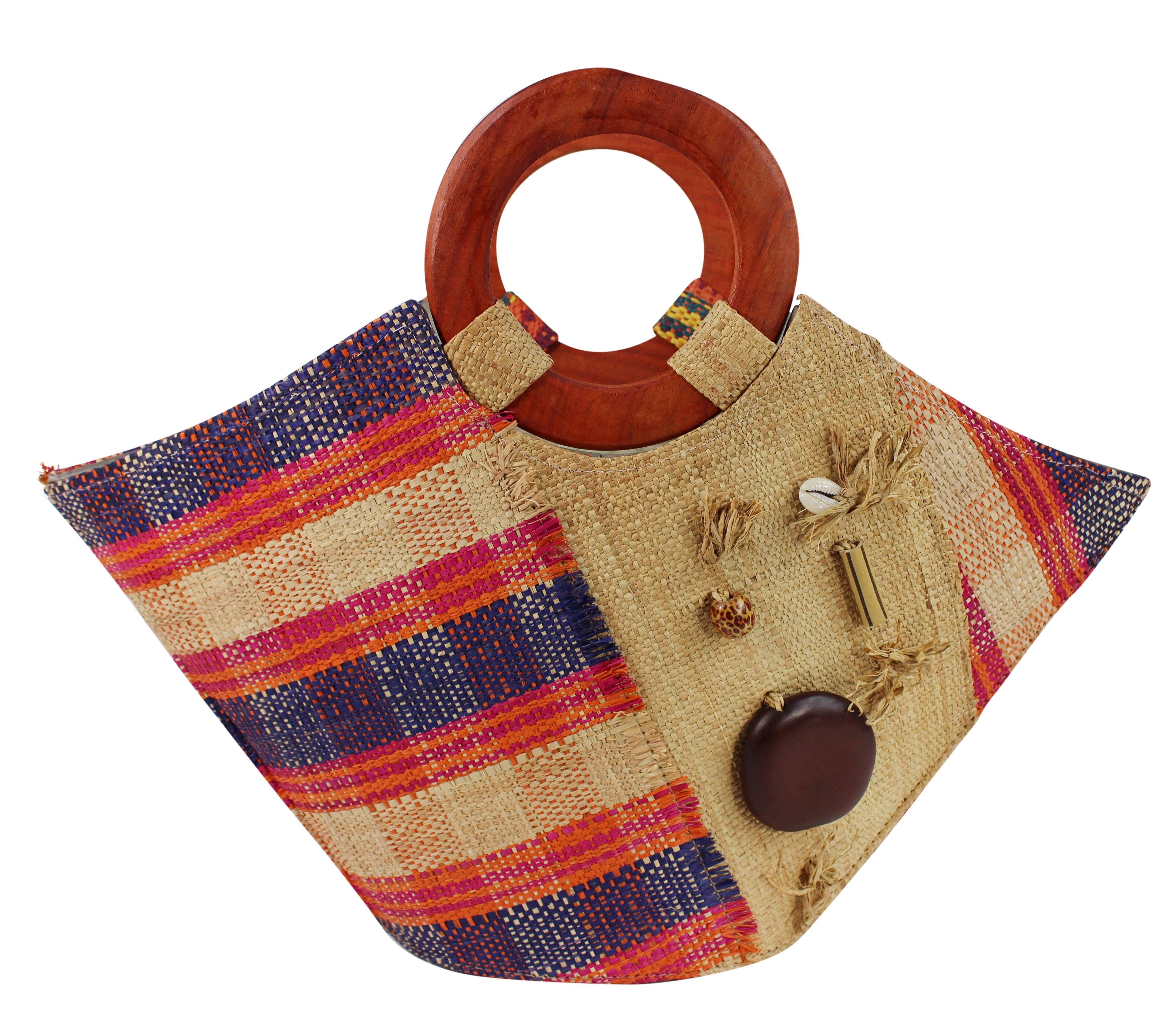 African Hand Woven Raffia Fibers Basket Bag with Wooden Handle