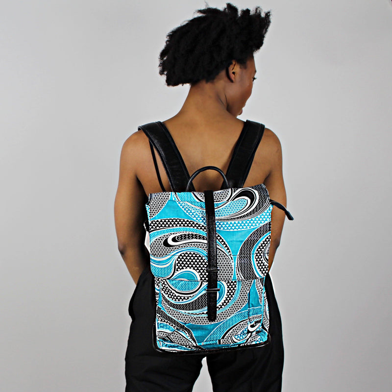 African Print Backpack - blue aqua / white - Afrilege