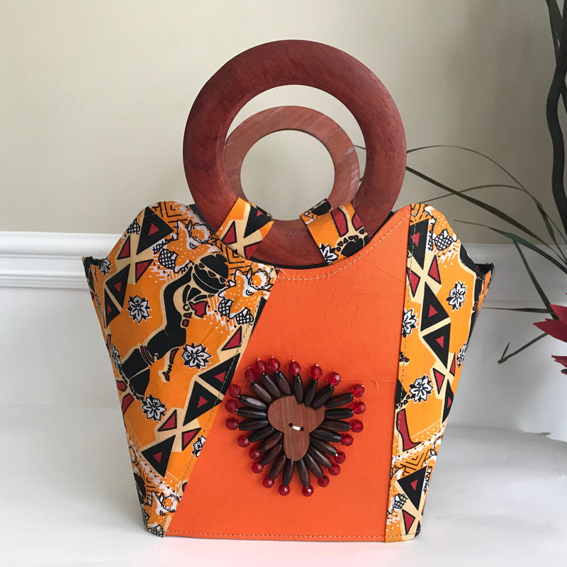 Masika African Hand Woven Raffia Fibers African print basket bag - Orange - Afrilege