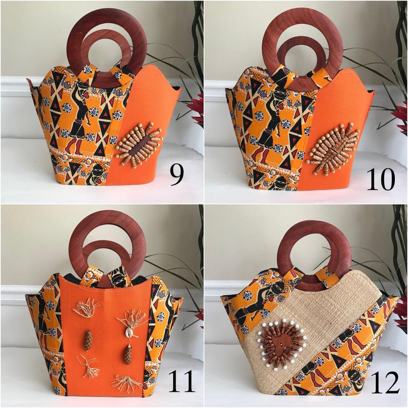 Masika African Hand Woven Raffia Fibers African print basket bag - Orange - Afrilege