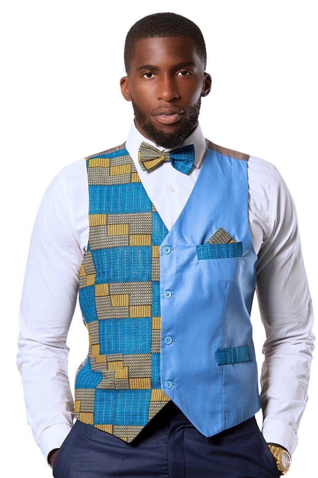 Kael African Print Kente Men's Fit Suit Vest (Blue & Gold)– Afrilege