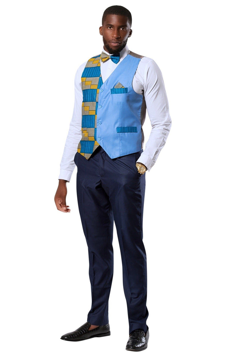 Kael African Print Kente Men's Fit Suit Vest ( Blue & Gold) - Afrilege