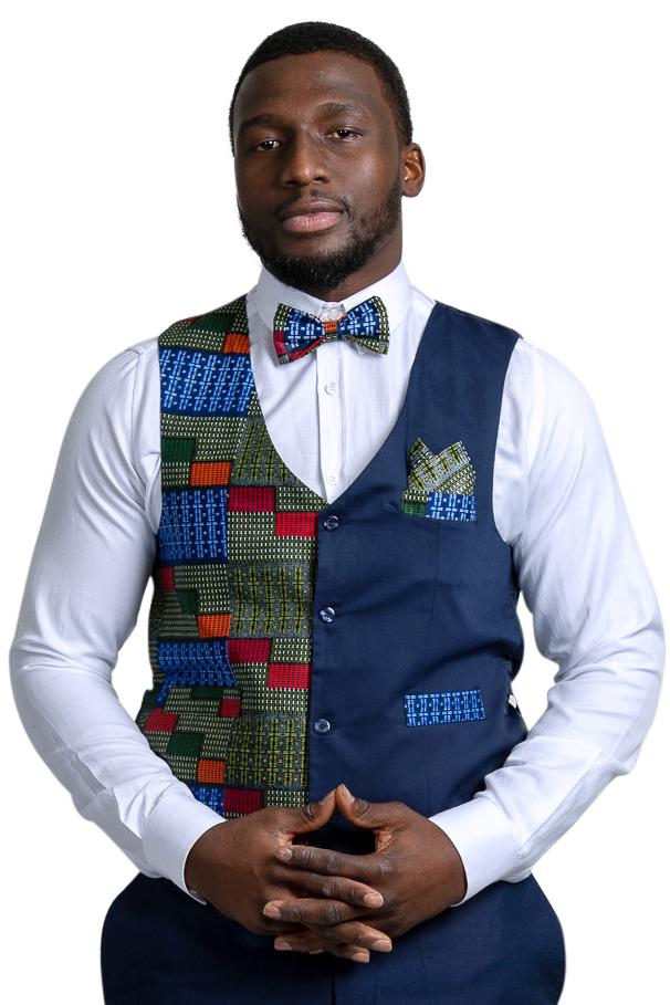 Vadik African Print Kente Men's Fit Suit Vest (Navy Blue & Dark Green) Afrilege Vadik African Print Kente Men's Fit Suit Vest (Navy Blue & Dark Green) Afrilege