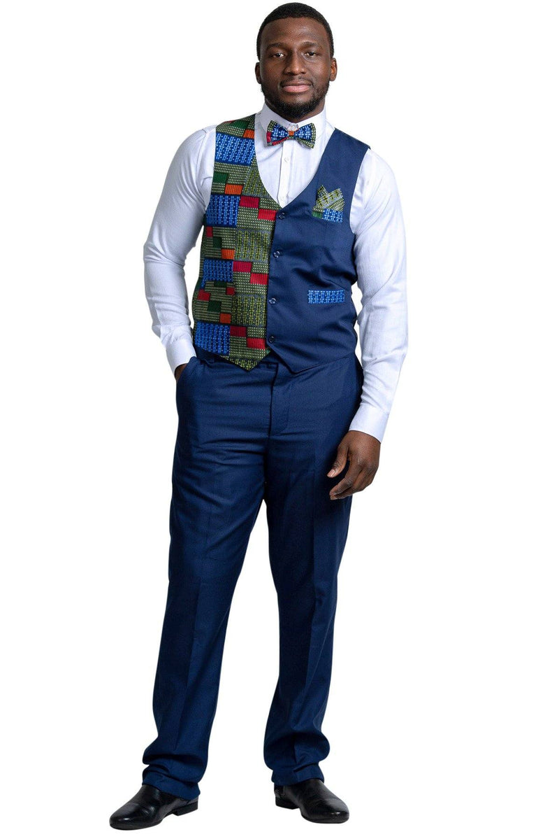 Vadik African Print Kente Men's Fit Suit Vest ( Navy Blue & Dark green) - Afrilege