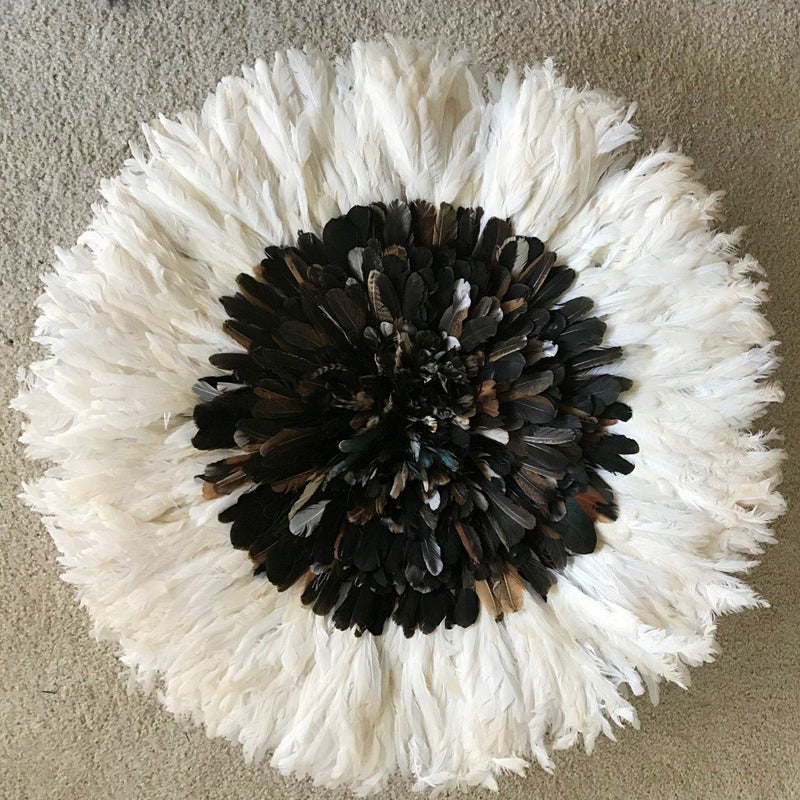 29" Dark natural feathers & white Bamileke Juju Hat from Cameroon - Afrilege
