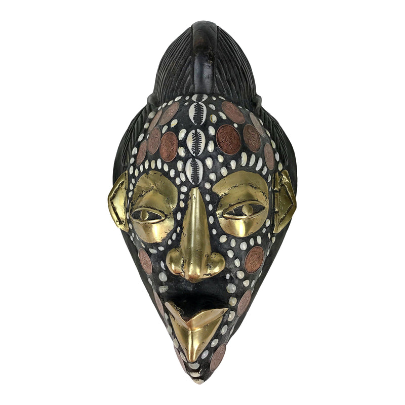 African Wooden Mask With Kobo Coins, Bronze And Cowrie Shells - Afrilege