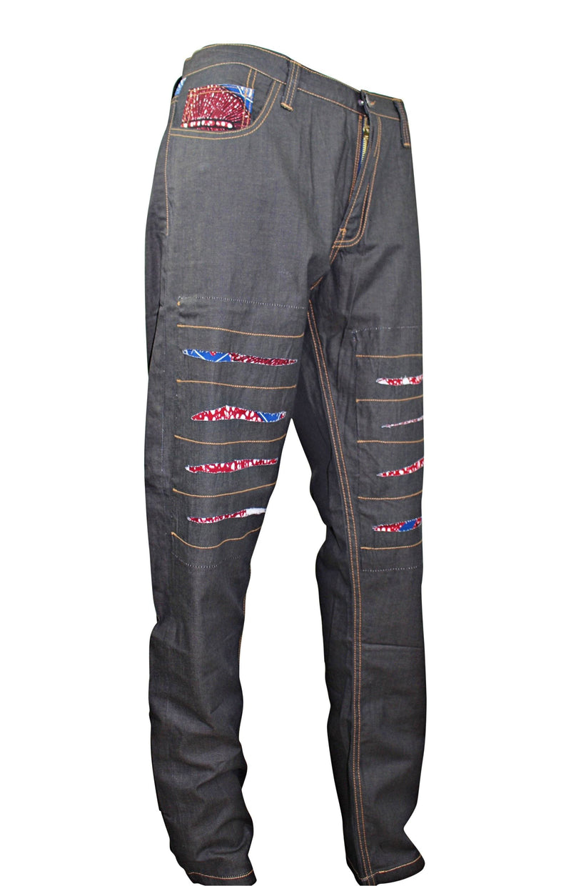 Adi African Print Denim Jeans Men's Destroy Pants (Dark Grey/ Red) - Afrilege