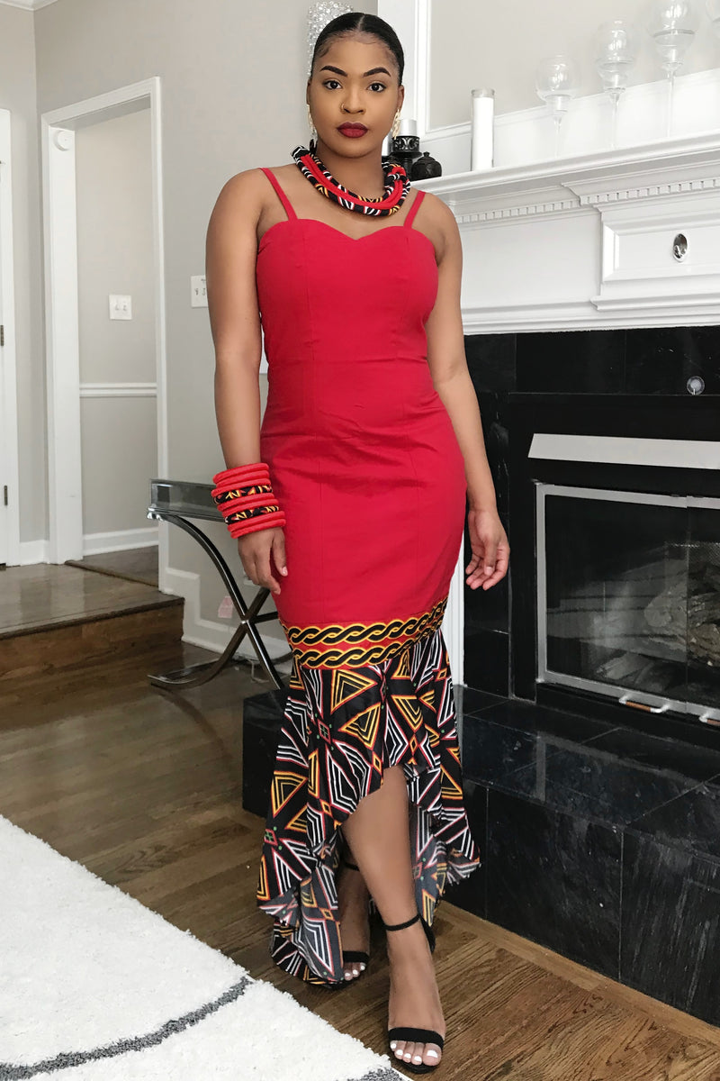 Red Toghu Print Dress - Afrilege