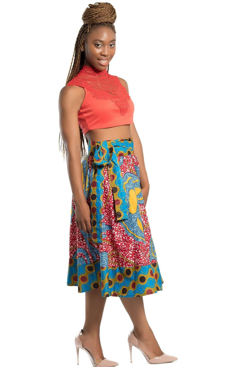 Sanaa African Print 2-seasons Midi Skirt - Red/ Blue - Afrilege