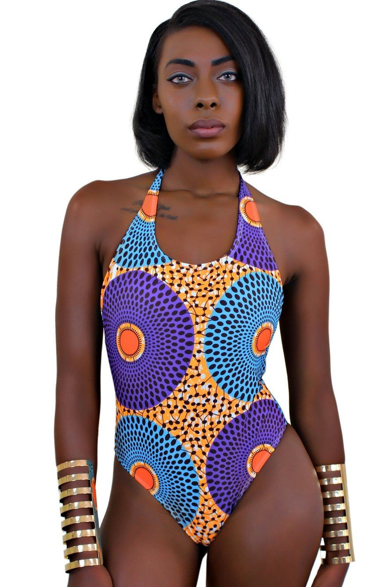 African print one piece Swimwear ( Blue, Purple & Orange) - Afrilege