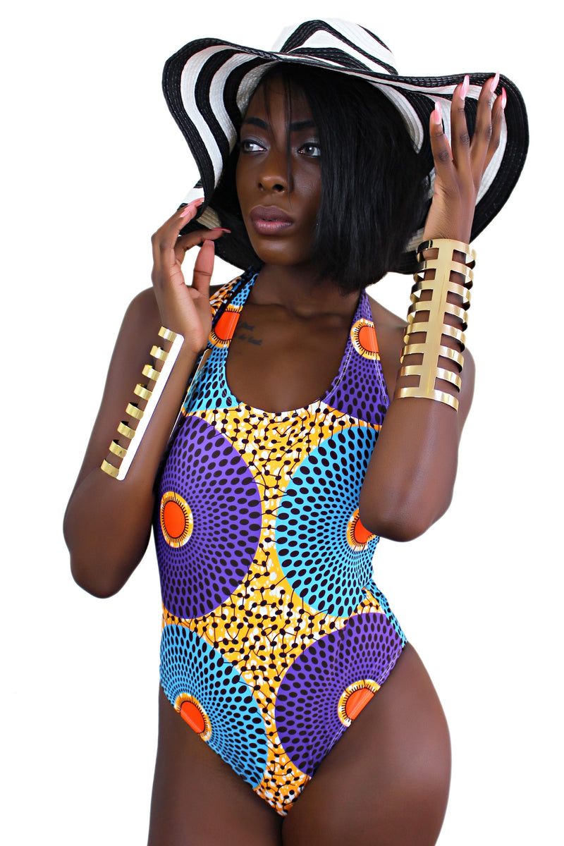 African print one piece Swimwear ( Blue, Purple & Orange) - Afrilege