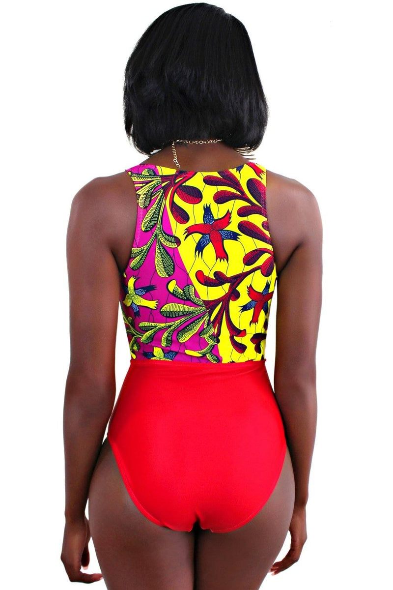African Print Tie-Front One-Piece Swimsuit (Red) - Afrilege