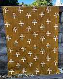 African Mudcloth Handmade Fabric with Ankh Cross Egyptian Symbols - Mustard / White