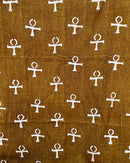 African Mudcloth Handmade Fabric with Ankh Cross Egyptian Symbols - Mustard / White