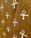 African Mudcloth Handmade Fabric with Ankh Cross Egyptian Symbols - Mustard / White