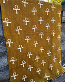 African Mudcloth Handmade Fabric with Ankh Cross Egyptian Symbols - Mustard / White
