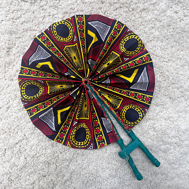 African Print Circle Foldable Handheld Fan - Black / Red / Yellow - Afrilege