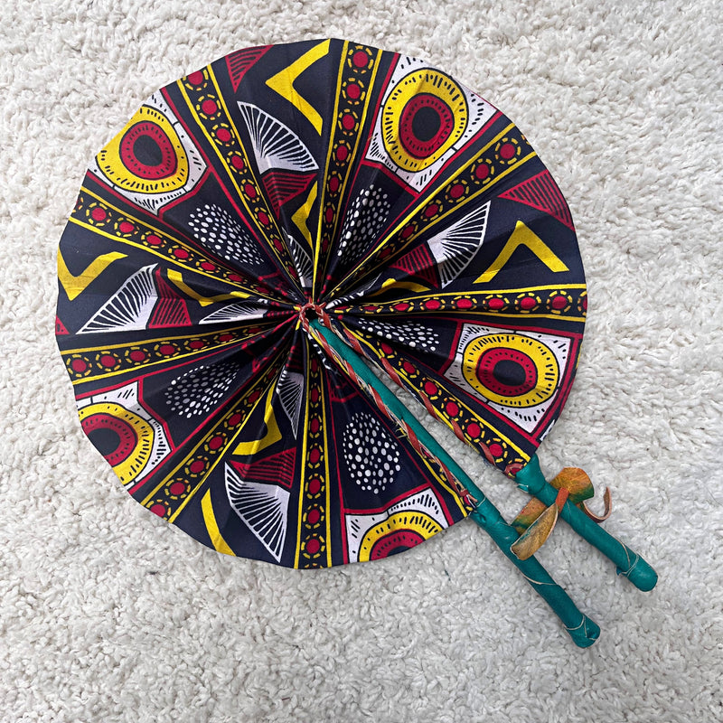 African Print Circle Foldable Handheld Fan - Black / Red / Yellow - Afrilege