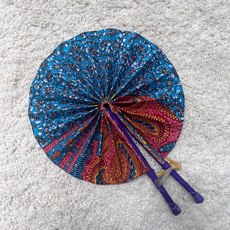 African Print Circle Foldable Handheld Fan - Blue / Pink - Afrilege
