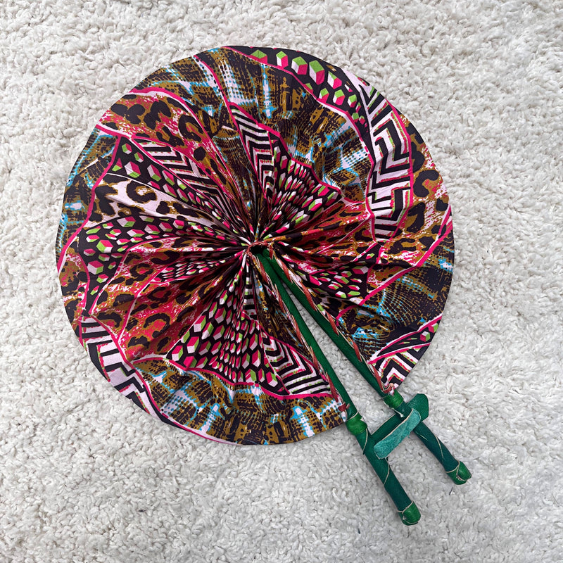 African Print Circle Foldable Handheld Fan - Pink / Brown - Afrilege