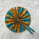 African Print Circle Foldable Handheld Fan - Mustard / Green