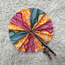 African Print Circle Foldable Handheld Fan - Orange / Green / Red