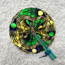 African Print Circle Foldable Handheld Fan - Green / Yellow