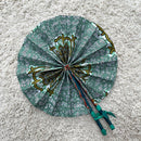 African Print Circle Foldable Handheld Fan - Green/ Yellow