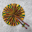 African Print Kente Circle Foldable Handheld Fan - Yellow / Green - Afrilege