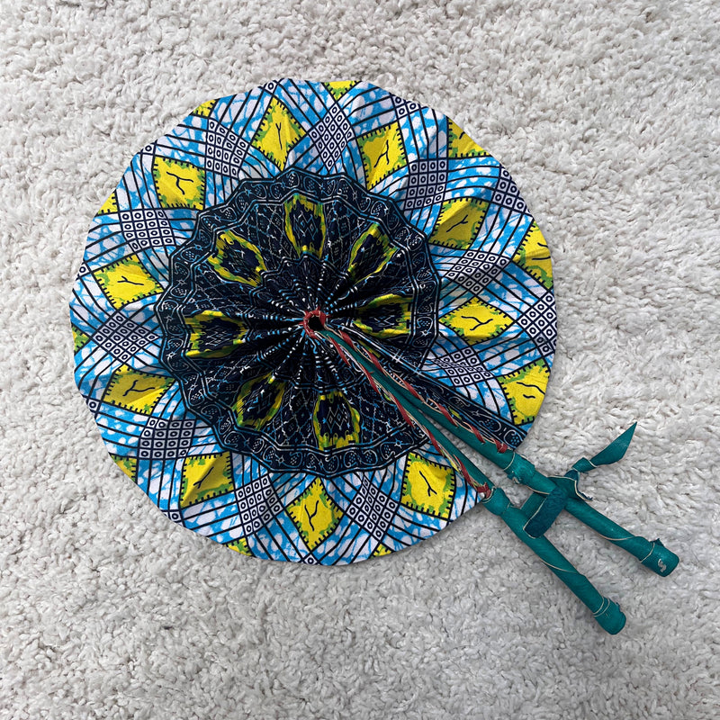African Print Circle Foldable Handheld Fan - Blue / Yellow - Afrilege