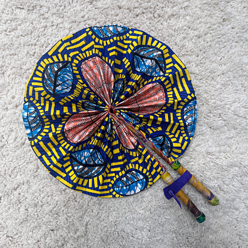 African Print Circle Foldable Handheld Fan - Blue / Yellow - Afrilege