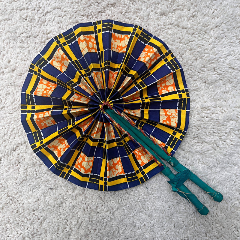 African Print Circle Foldable Handheld Fan - Blue/ Yellow / Orange - Afrilege