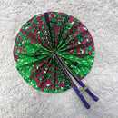 African Print Circle Foldable Handheld Fan - Green / Pink - Afrilege