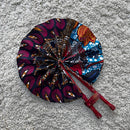 African Print Circle Mini Folding Fan - Blue / Orange / Purple