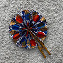 African Print Circle Mini Folding Fan - Blue / Red / White